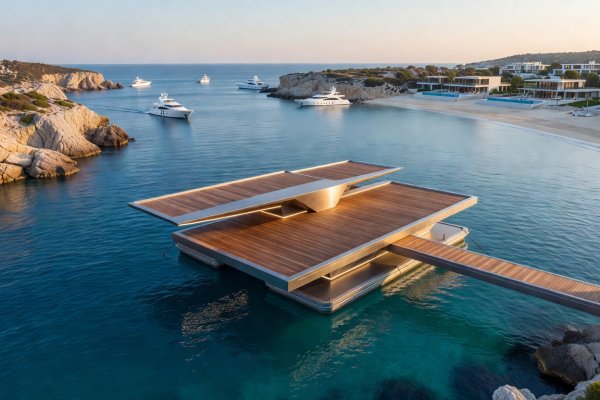 Architectural floating docking platform engineered by Discoverydockcompss overlooking a luxury coastal bay