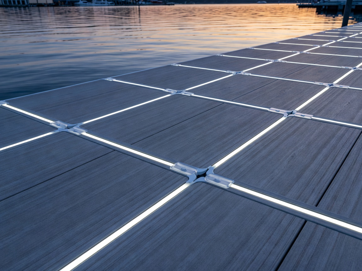 Modular marine decking system crafted with high-density composite and integrated LED dock navigation