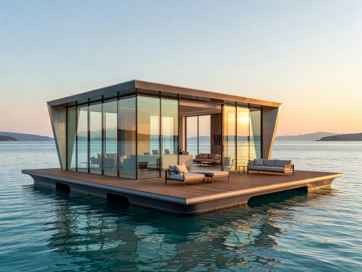 Luxury floating waterfront living pavilion anchored on coastal waters with modern architectural framing