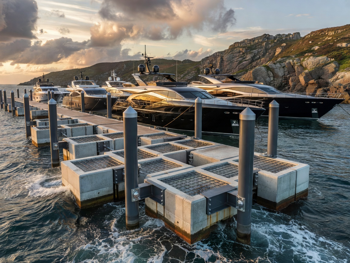 Heavy-duty luxury yacht marina docking installation engineered for coastal resilience